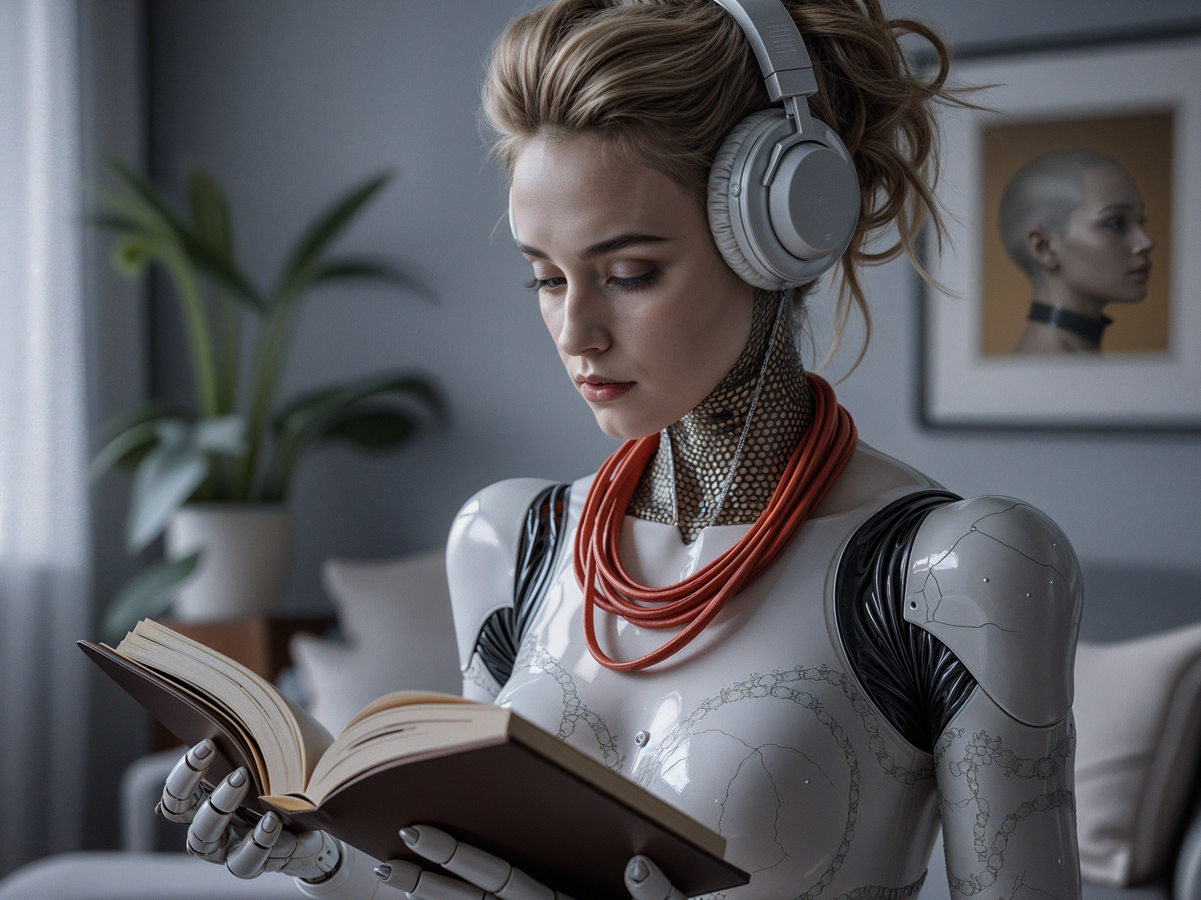 Futuristic humanoid robot reading in minimalist room