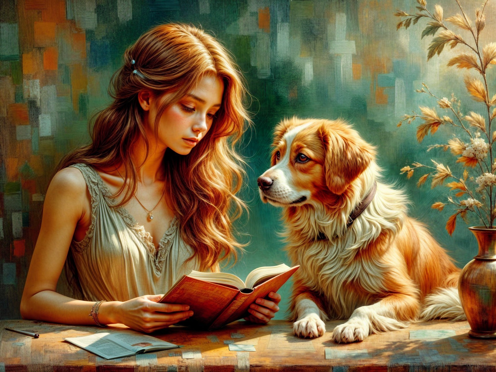 Young Woman Reading with Golden Retriever Companion