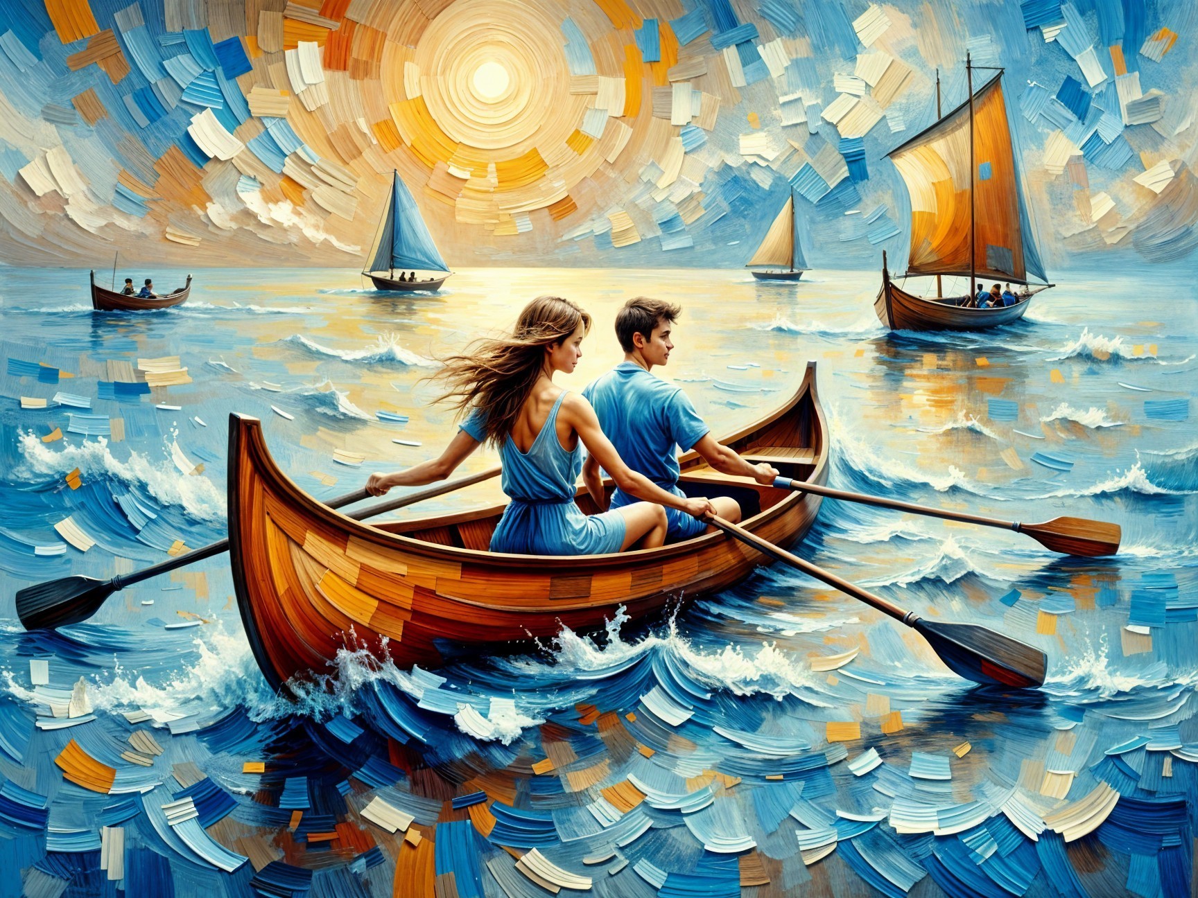 Couple in Rowboat Surrounded by Colorful Sailboats