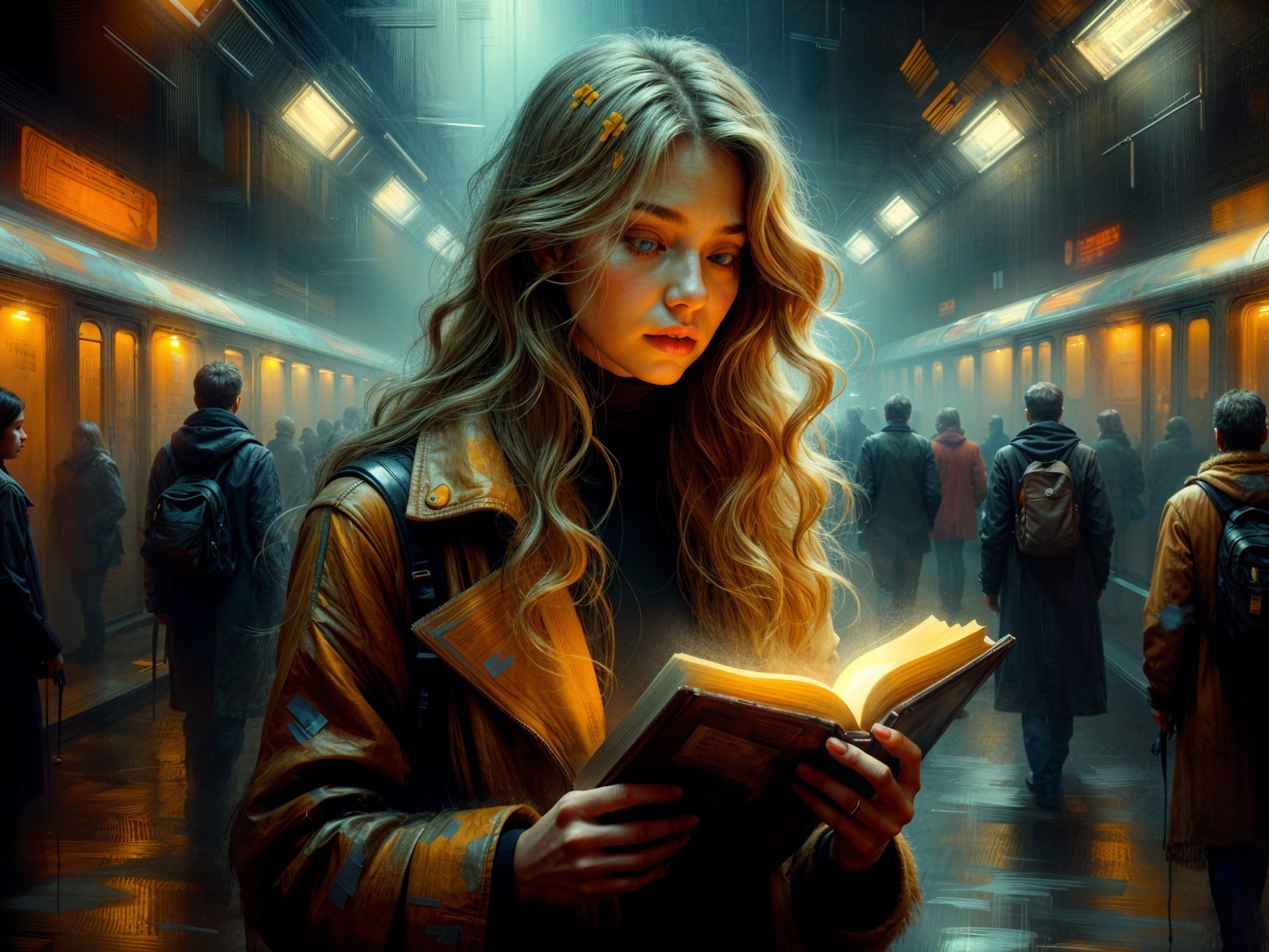 Young Woman Reading in Dim Subway Station Light