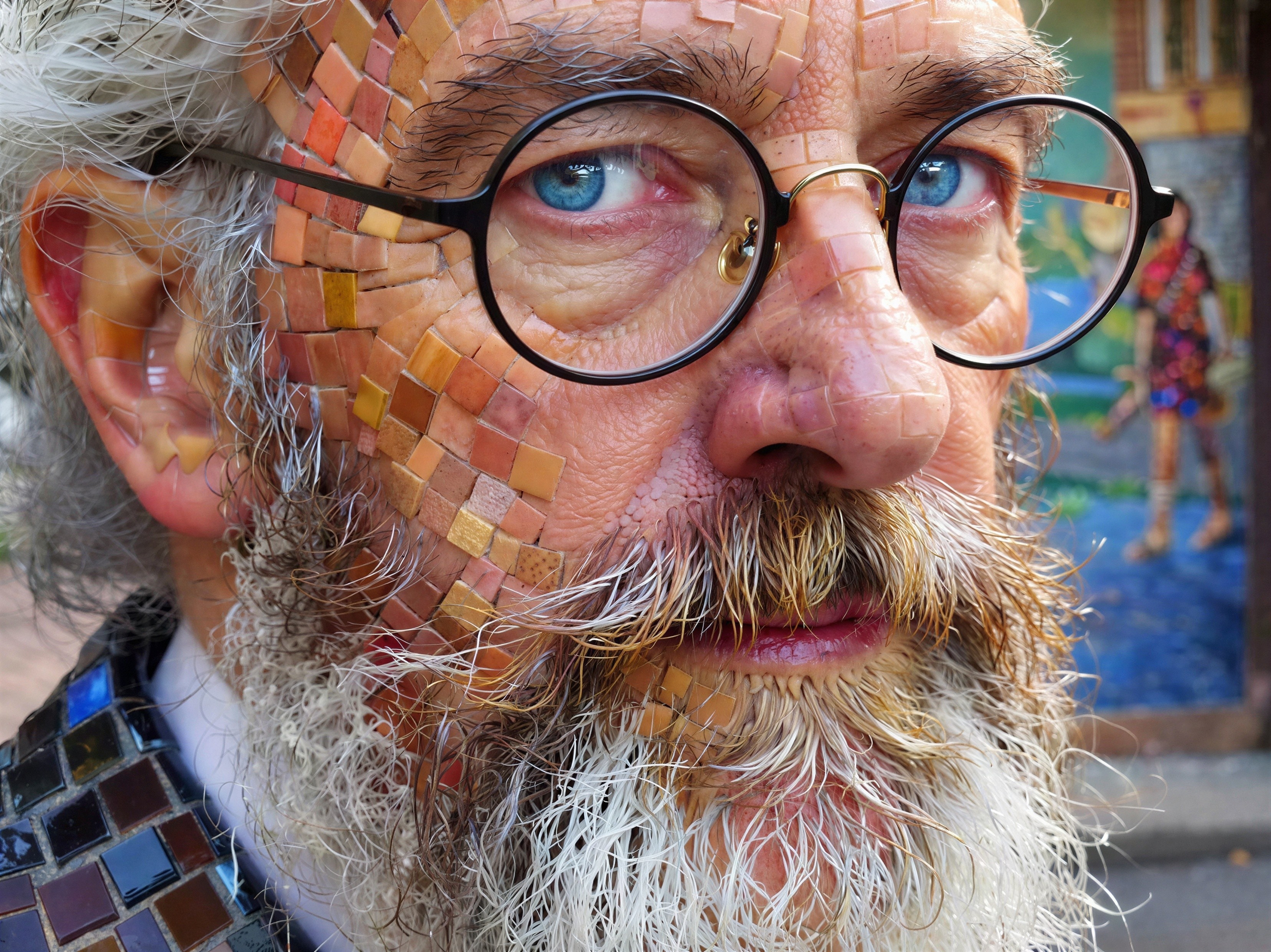 Close-Up Portrait of Older Man with Mosaic Tiles