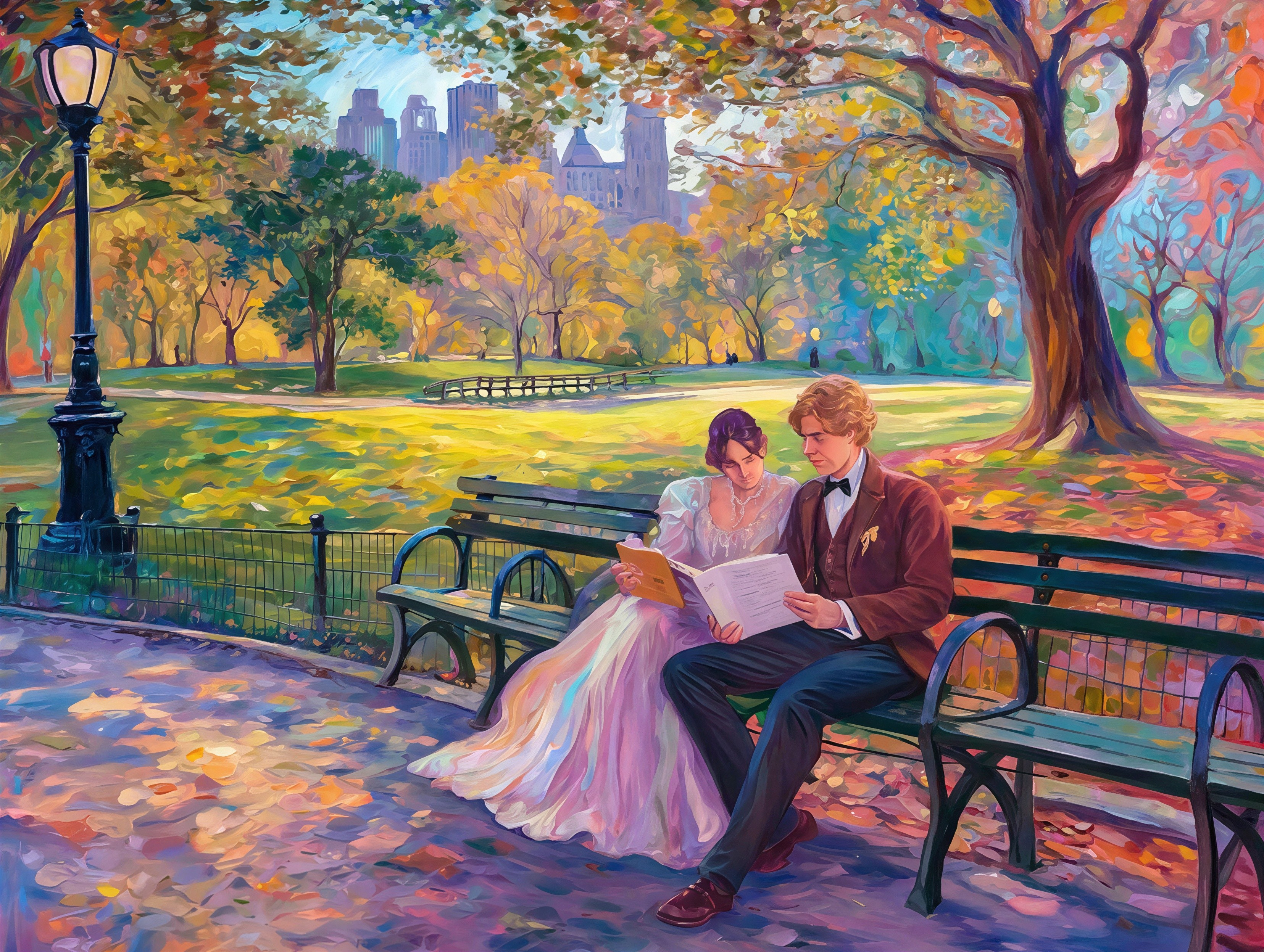 Impressionistic Oil Painting of Couple in Autumn Park