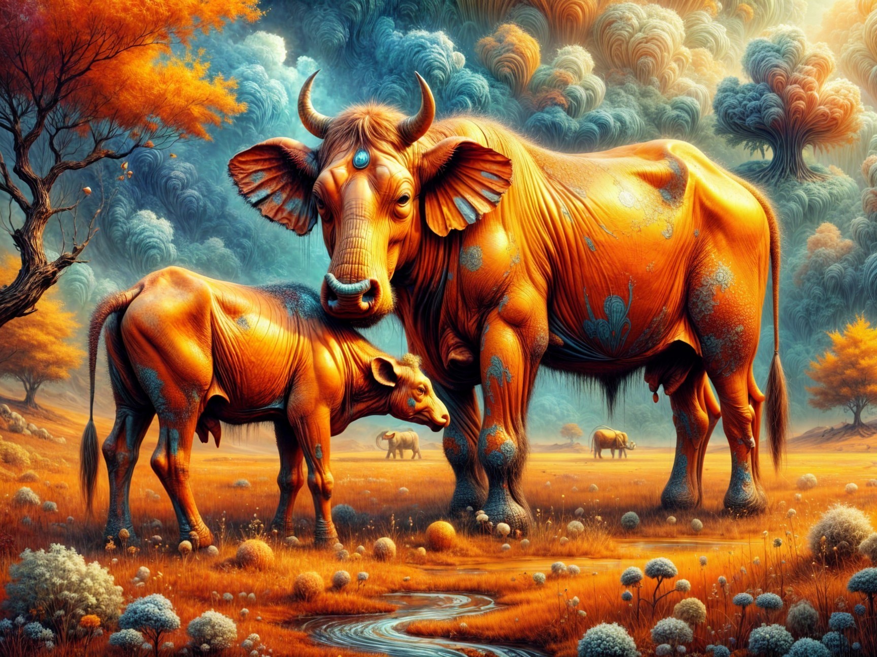 Surreal Landscape with Colorful Cows and Autumn Foliage