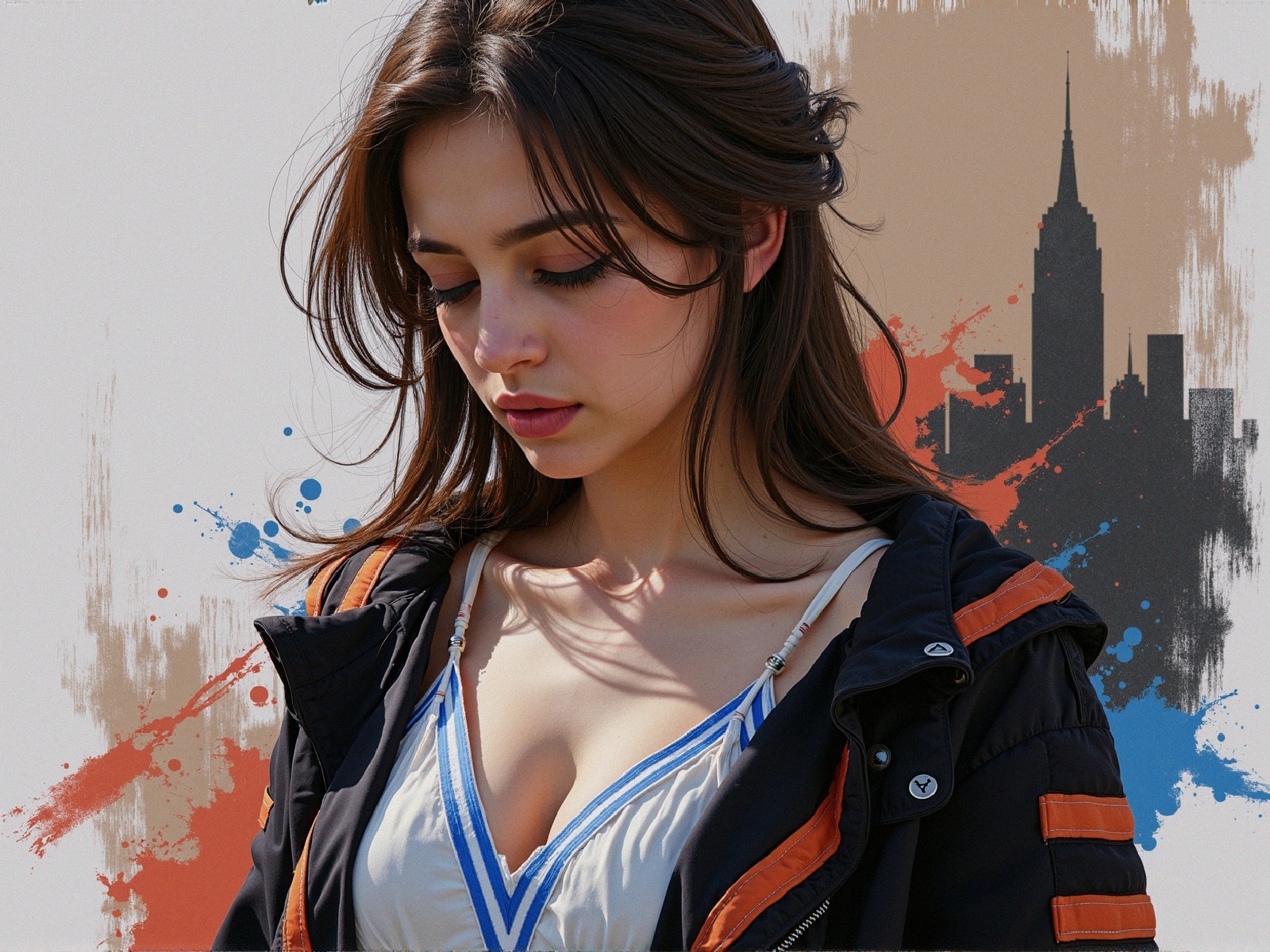 Fair-skinned woman with dark hair in NYC skyline setting