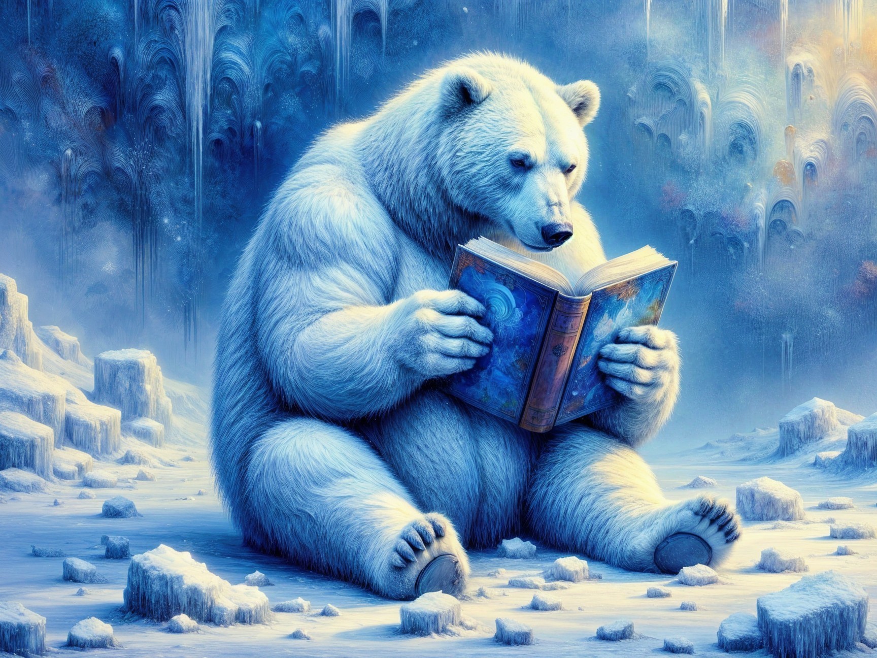 Polar Bear Reading in Serene Icy Landscape