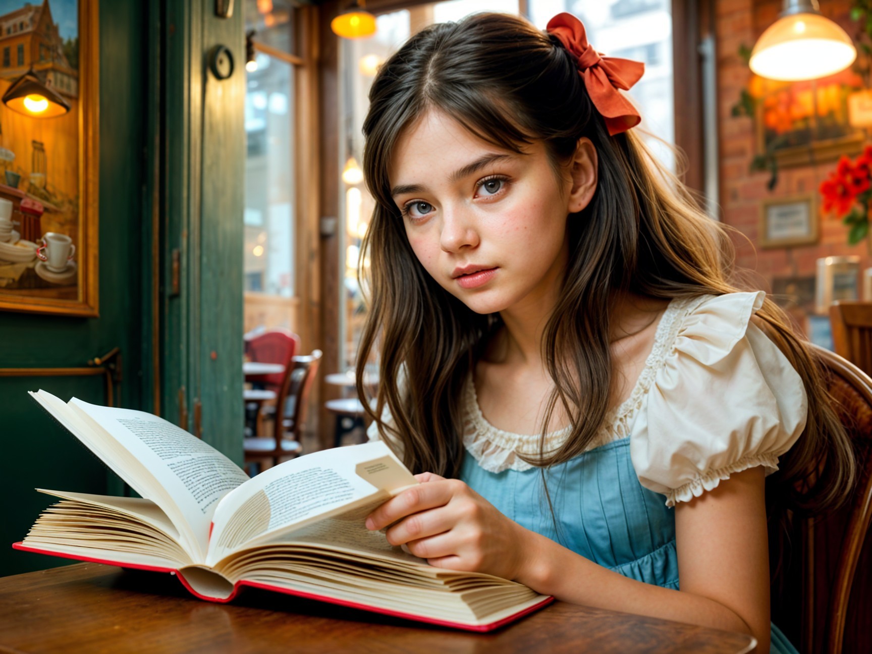 Young girl reading in a cozy café with warm lighting