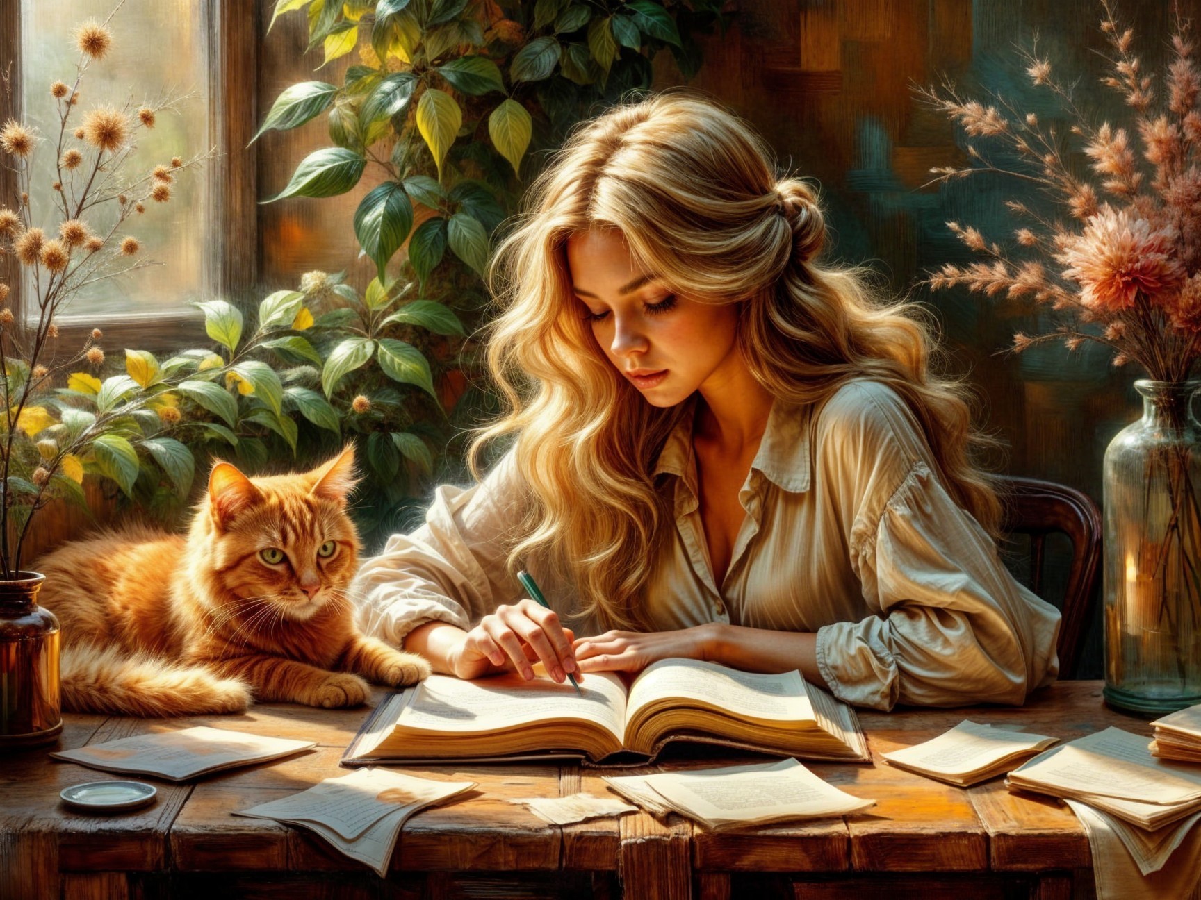 Cozy Room with Woman Writing and Cat Watching