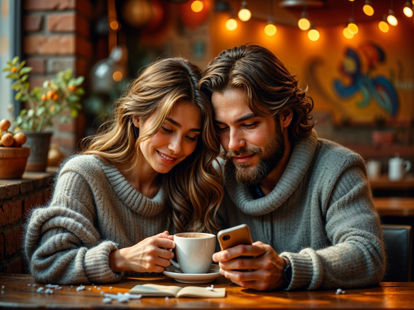 Cozy café scene with a couple in matching sweaters