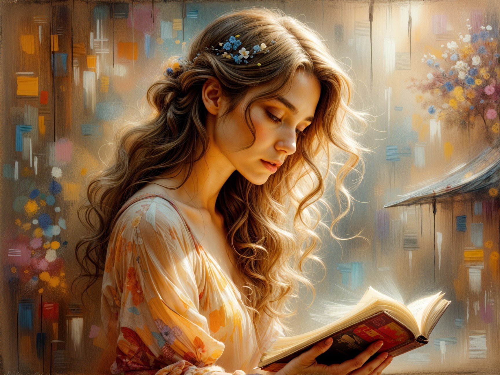 Young Woman Reading in a Floral and Colorful Setting
