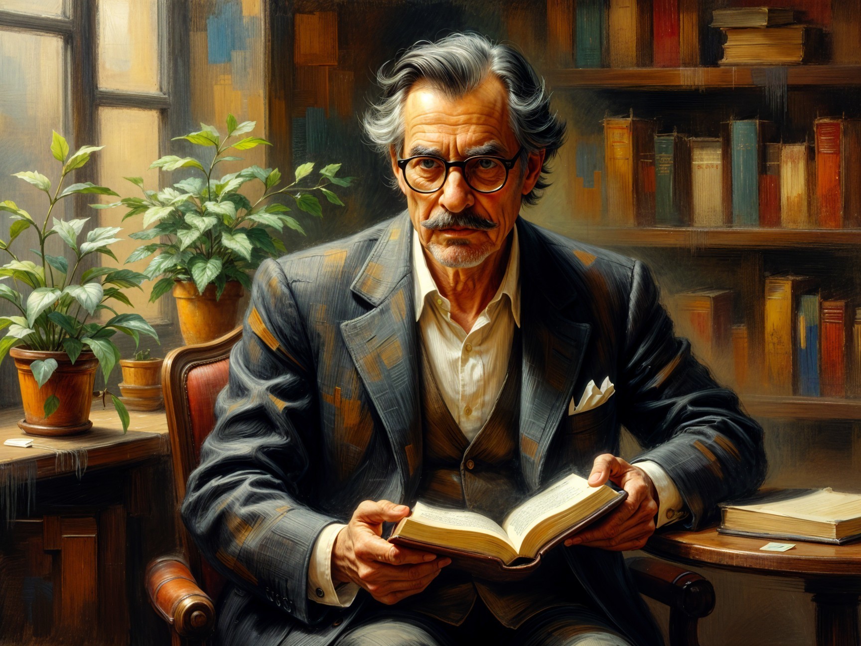 Cozy Study with Distinguished Older Man Reading