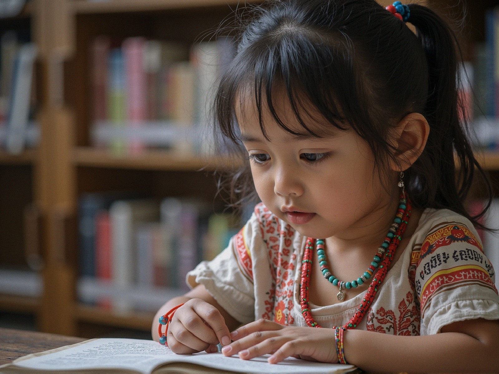 Young girl reading in a cozy library setting