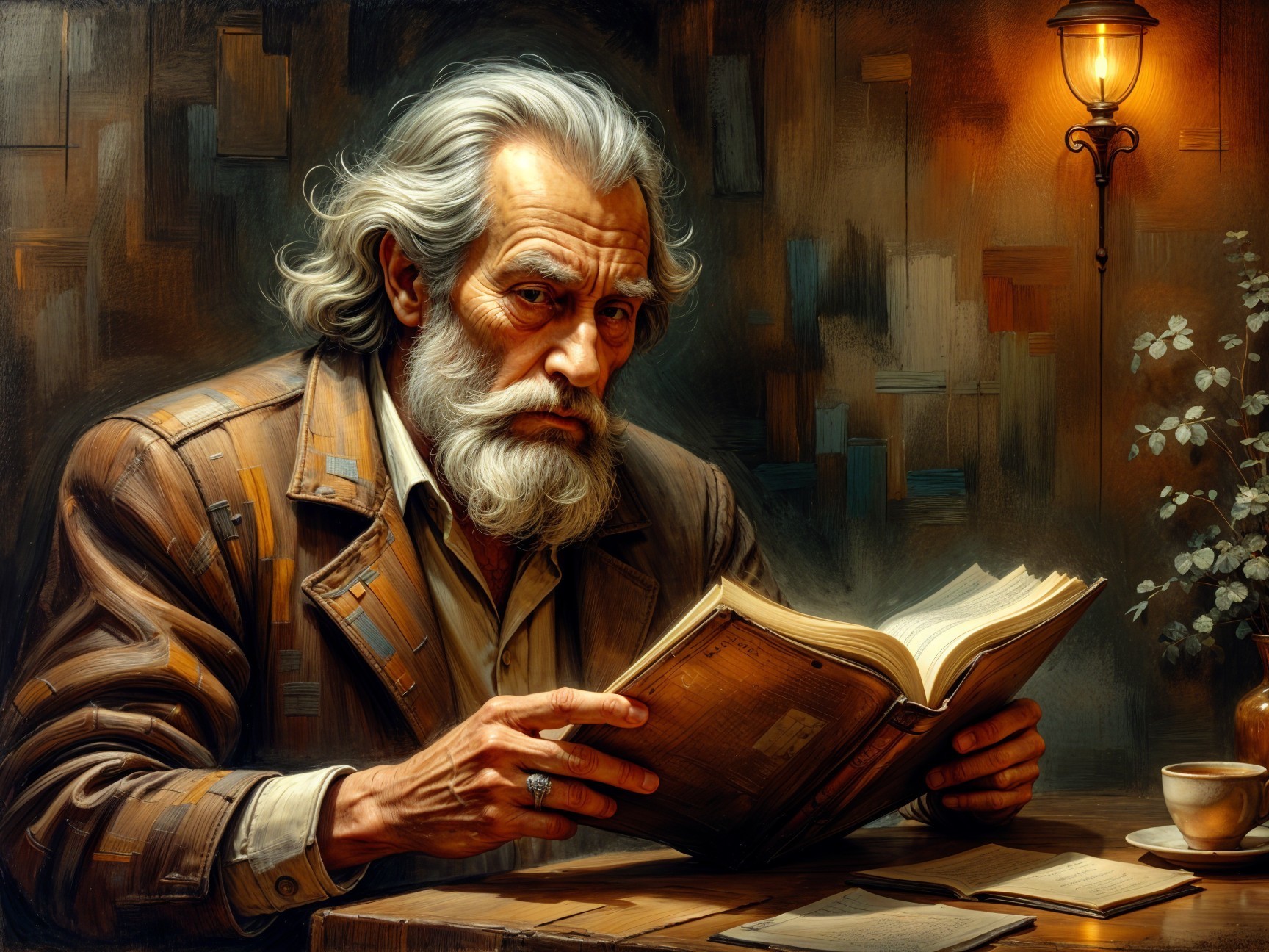 Elderly man reading at a wooden table in warm light