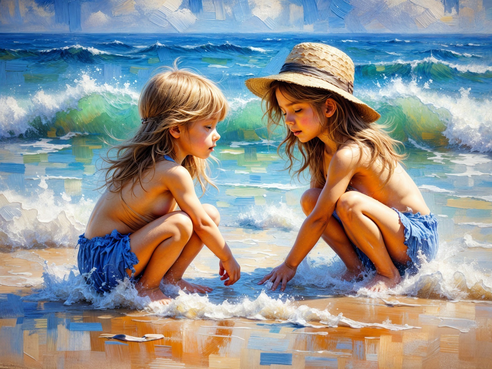 Children Playing at the Beach in Denim Shorts