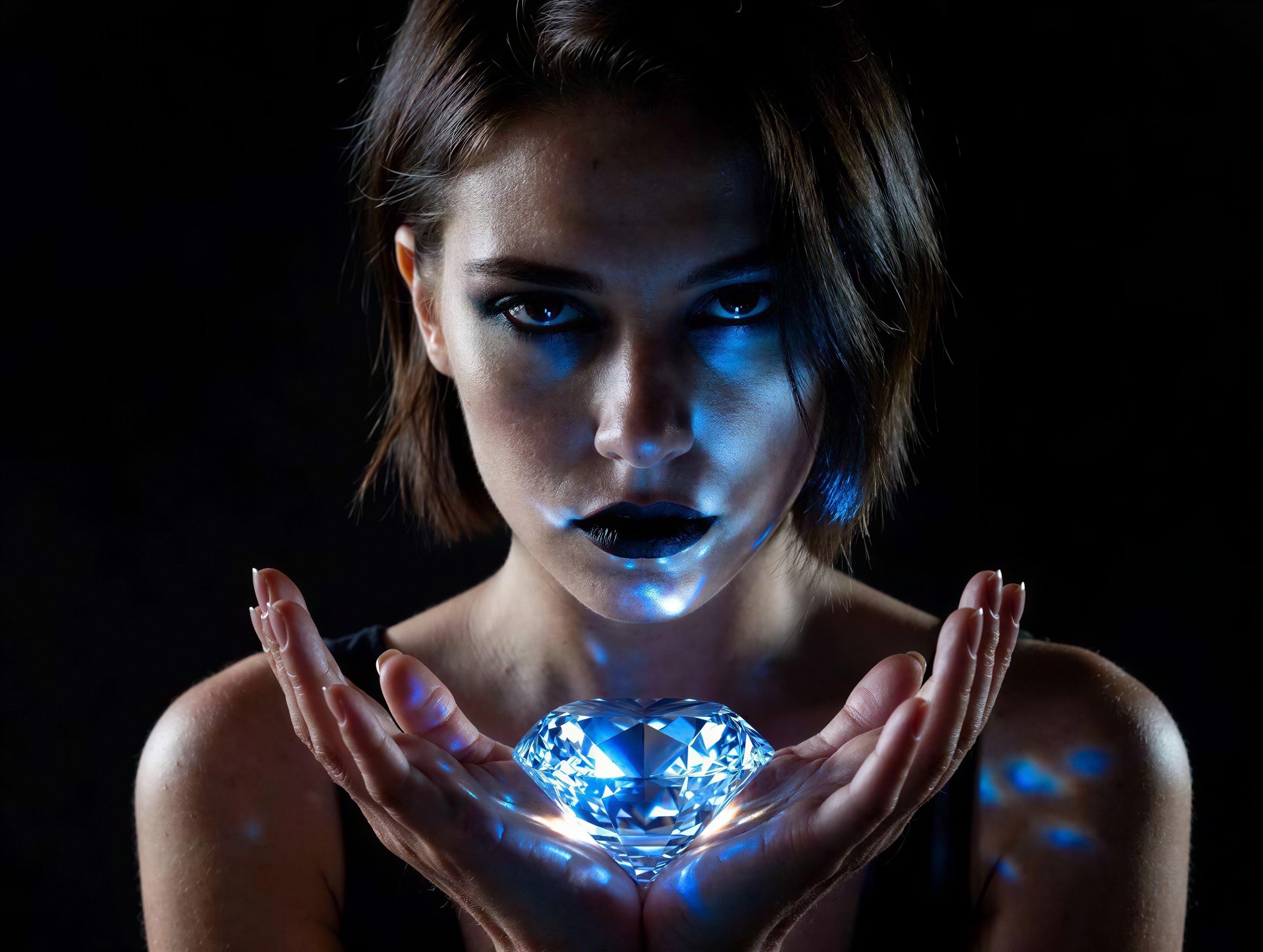 Dark-haired woman with blue diamond in dark setting