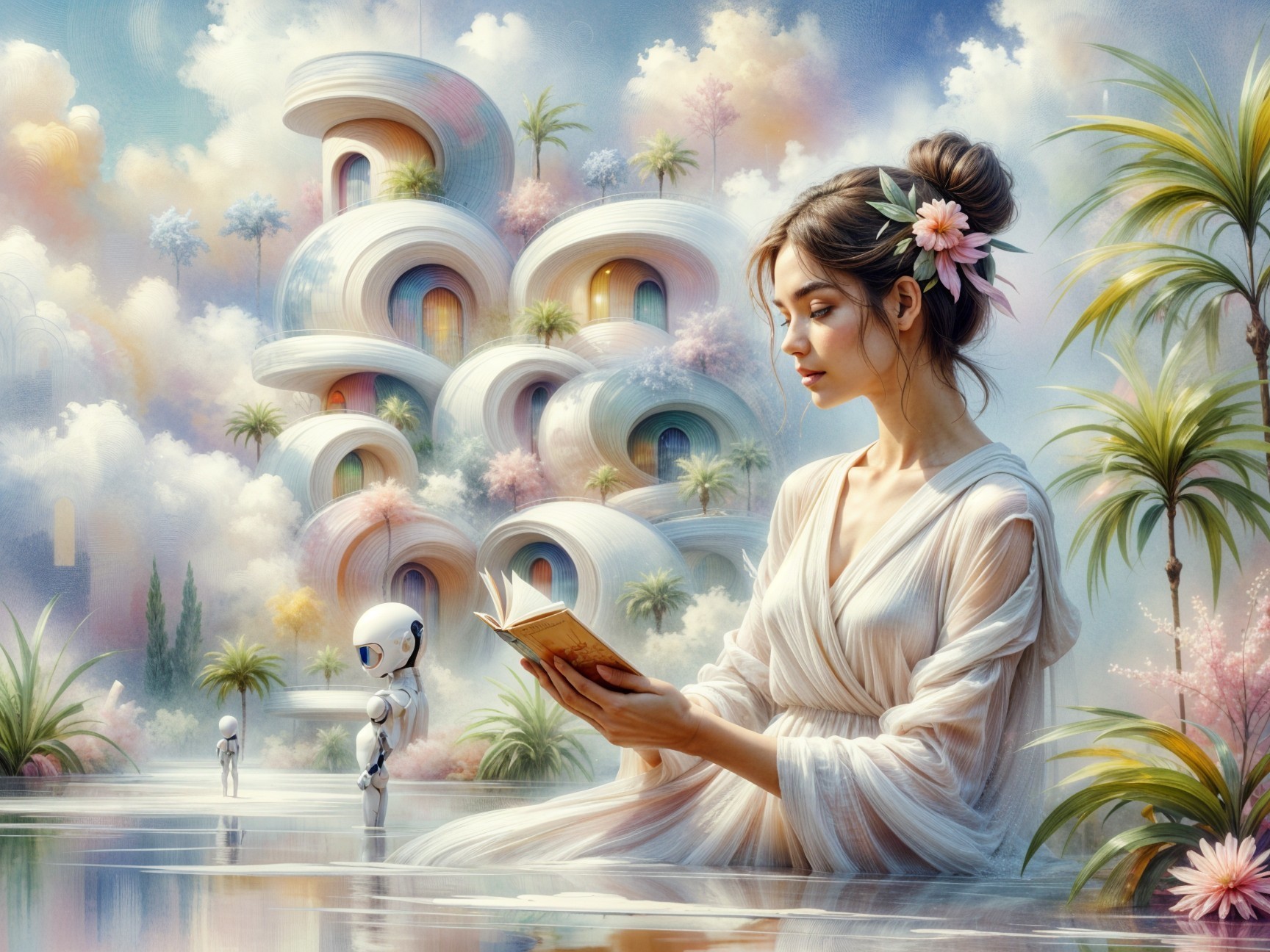 Dreamlike Landscape with Woman, Water, and Robots