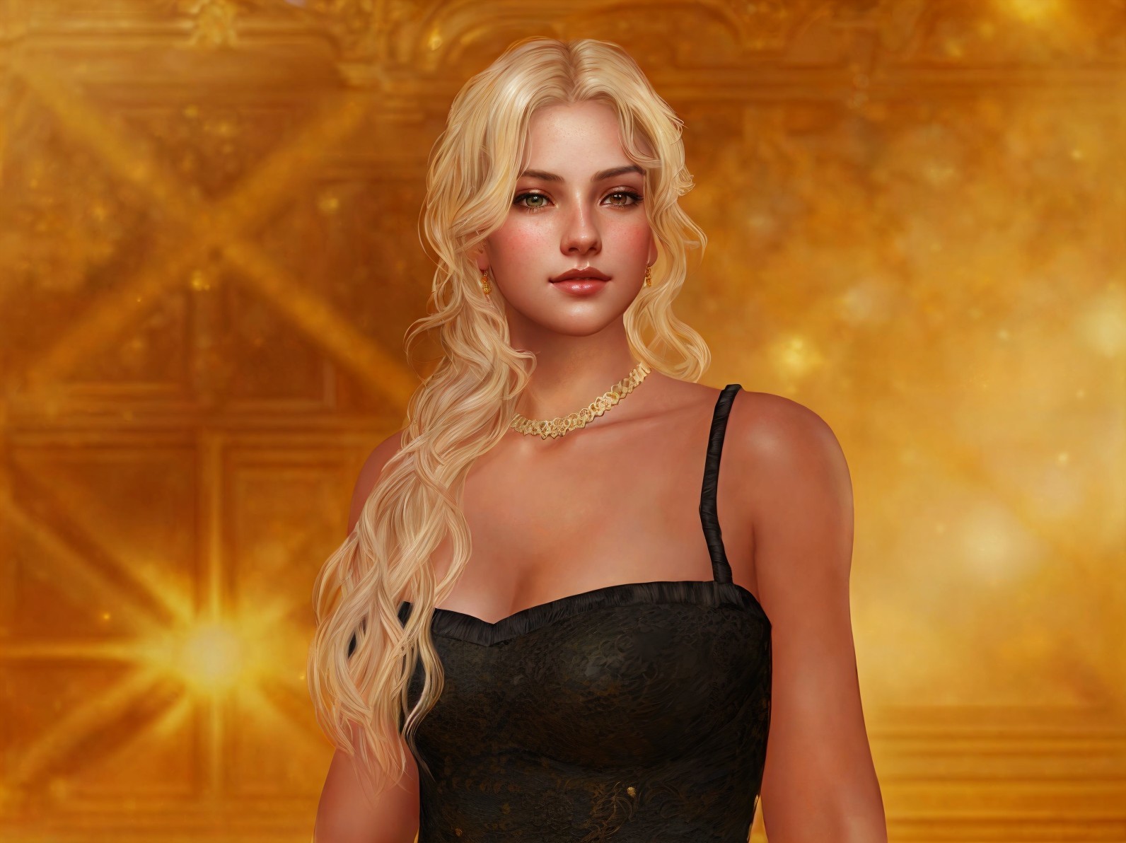 Young Woman in Black Lace Dress with Glamorous Background