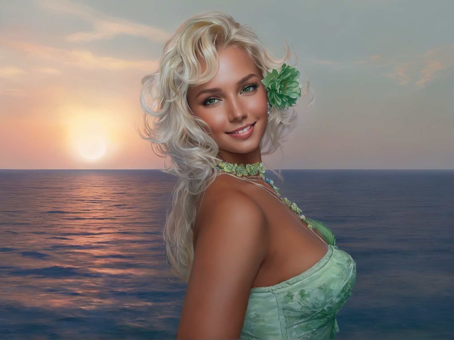 Woman with Blonde Hair in Green Dress by Ocean Sunset