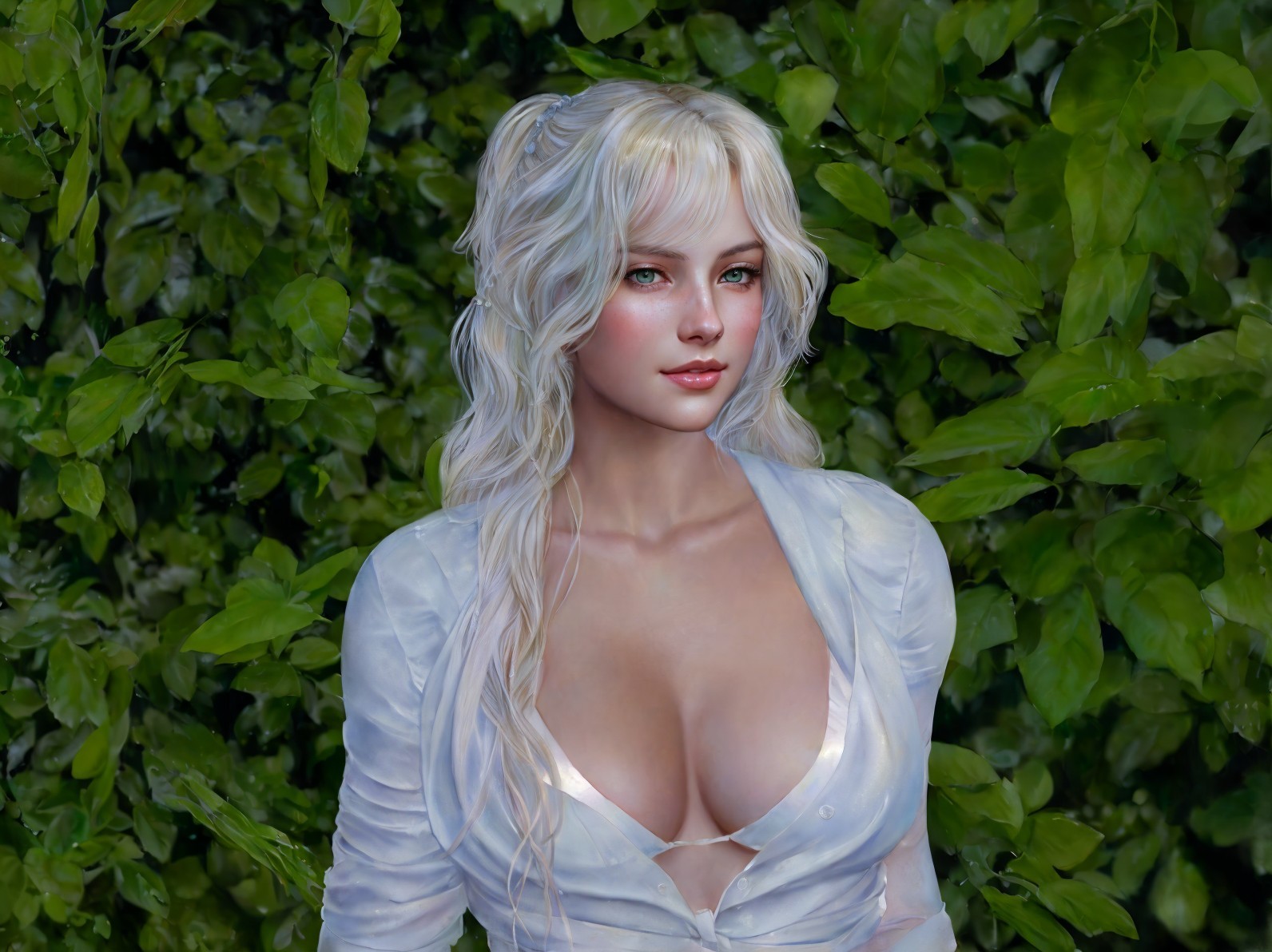 Young woman in white blouse amid green foliage
