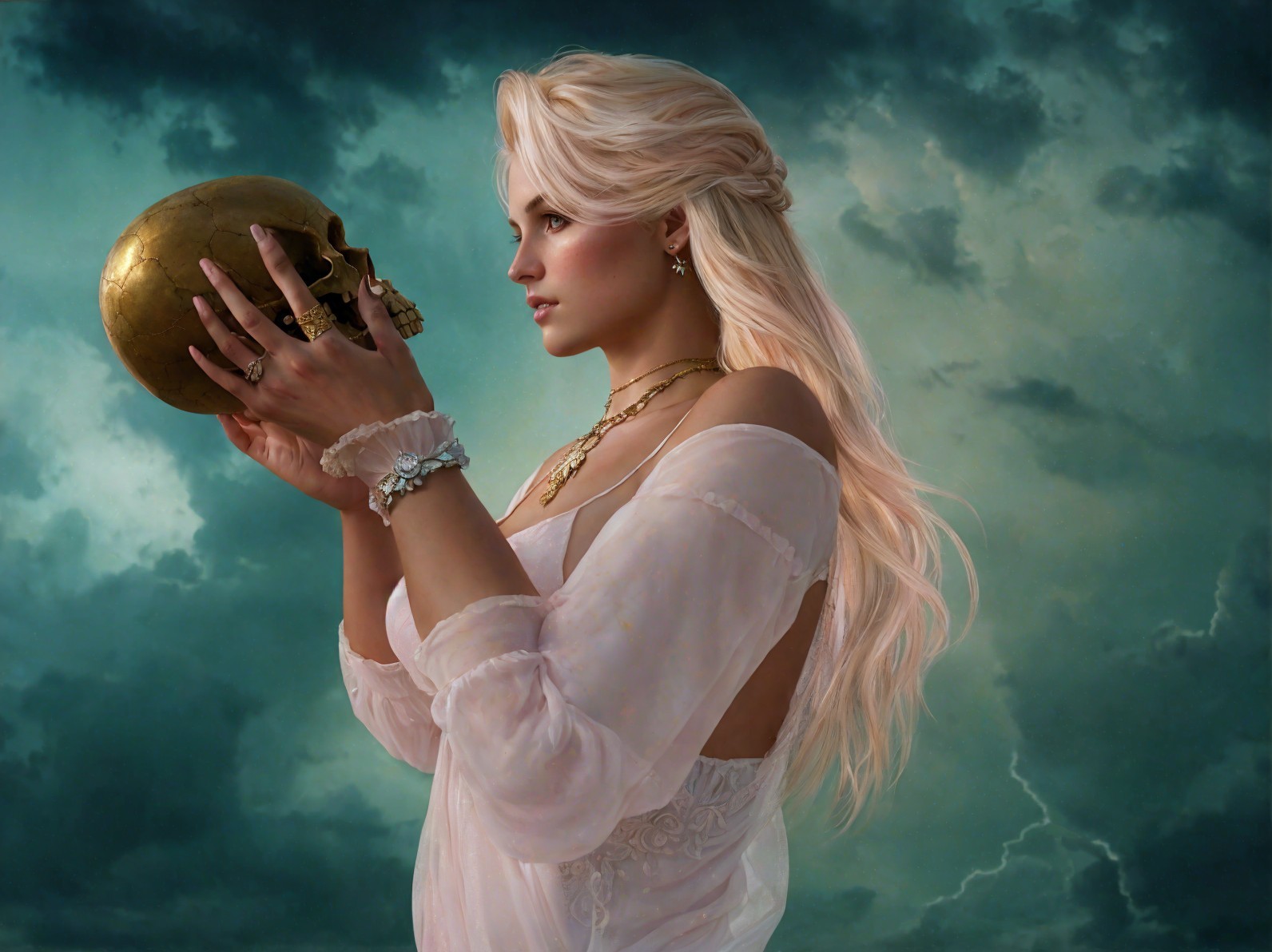 Woman with Golden Skull in Dramatic Cloudy Setting