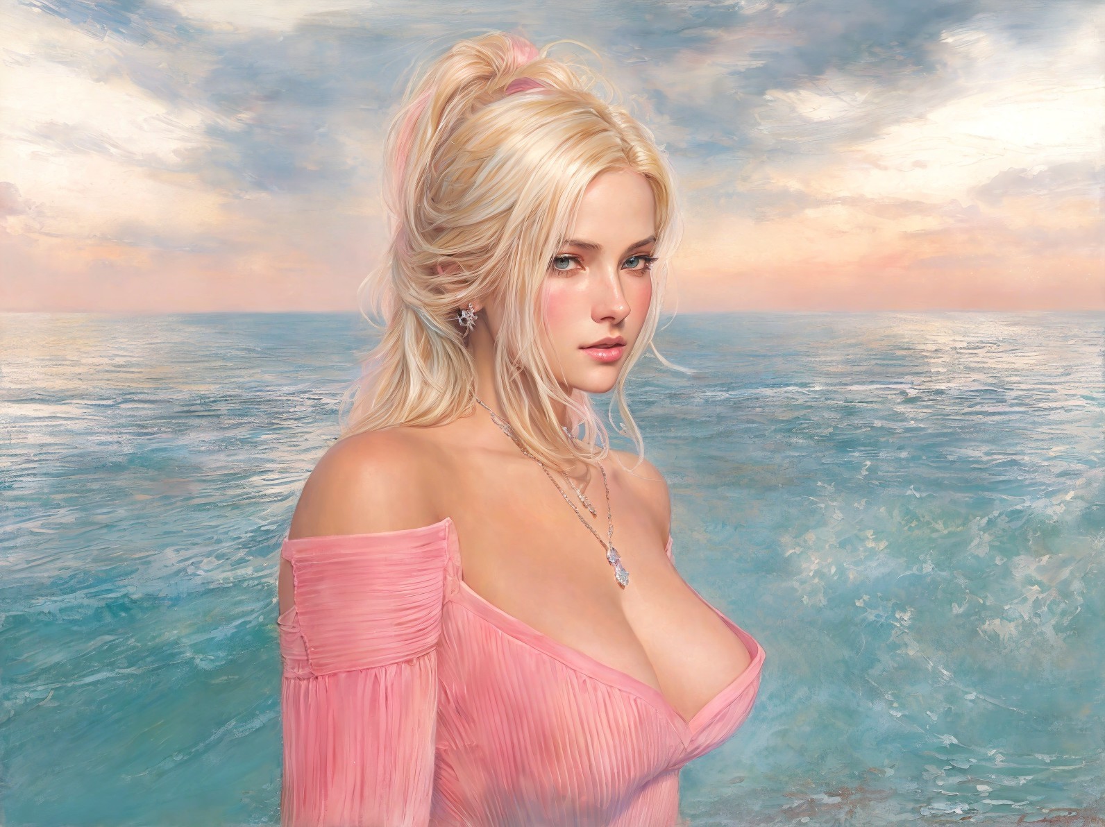 Portrait of a Woman in Pink Dress by Sunset Ocean