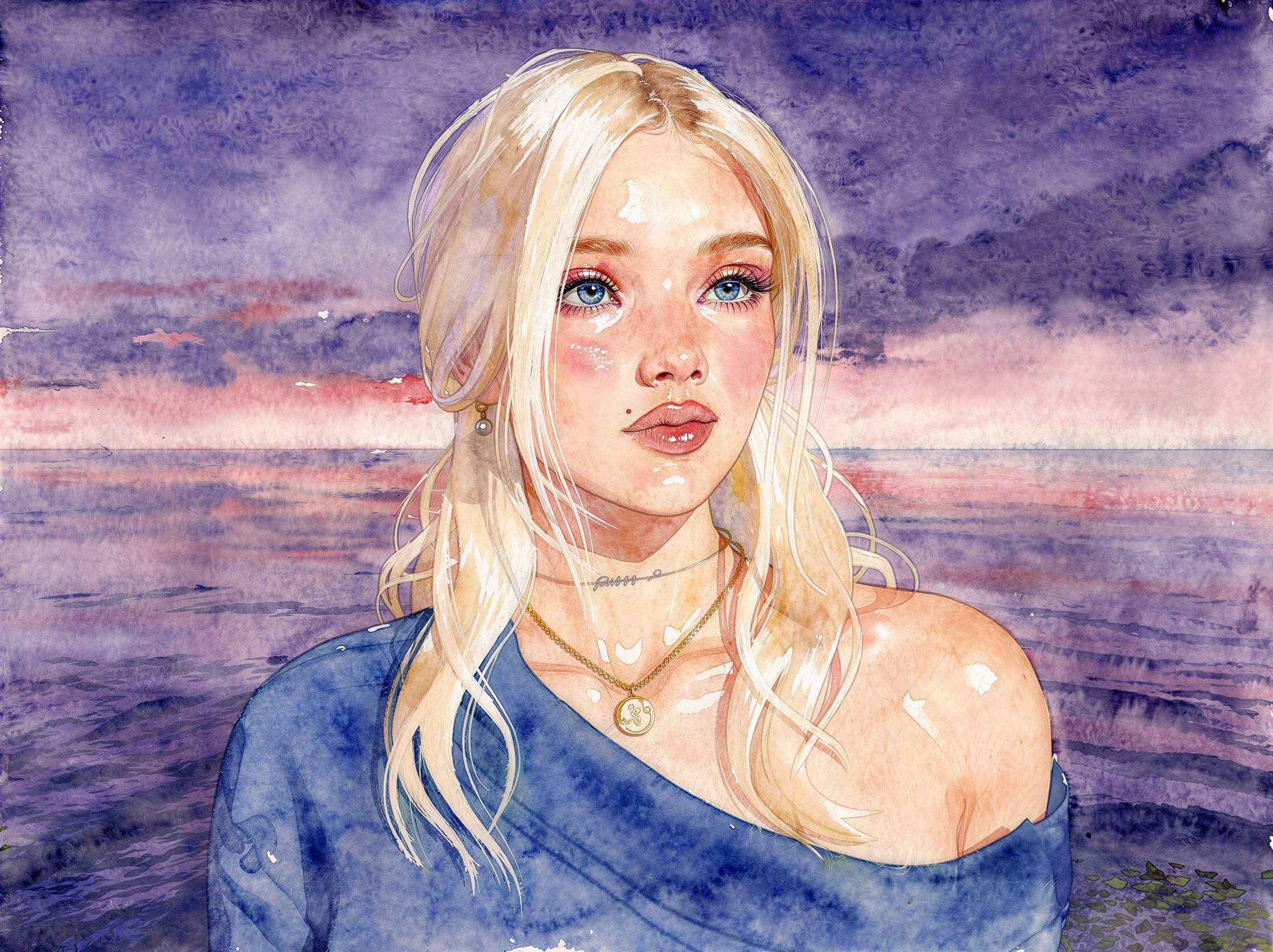 Watercolor Painting of Woman at Sunset by Ocean