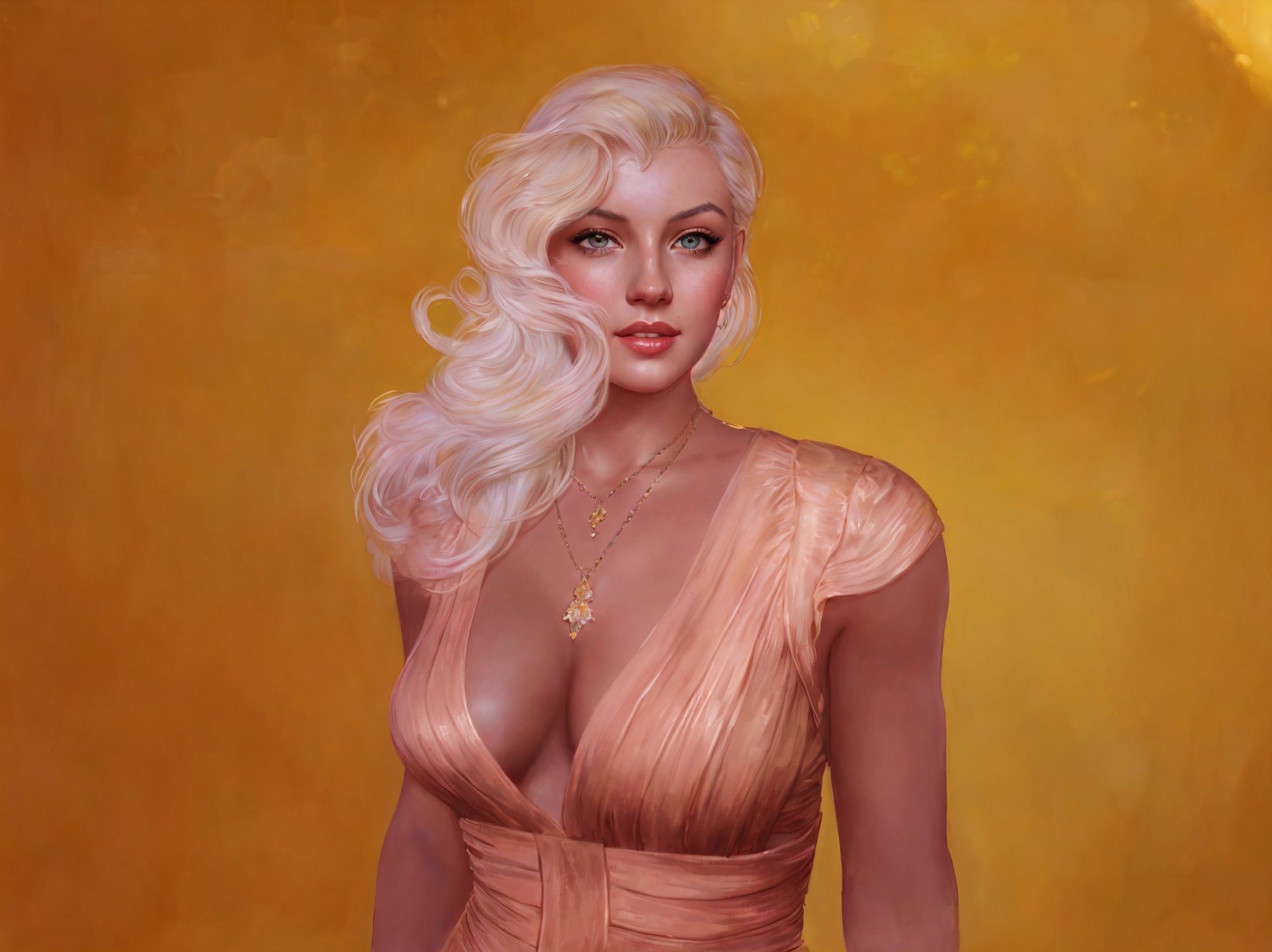 Elegant Woman in Peach Dress with Wavy Blonde Hair