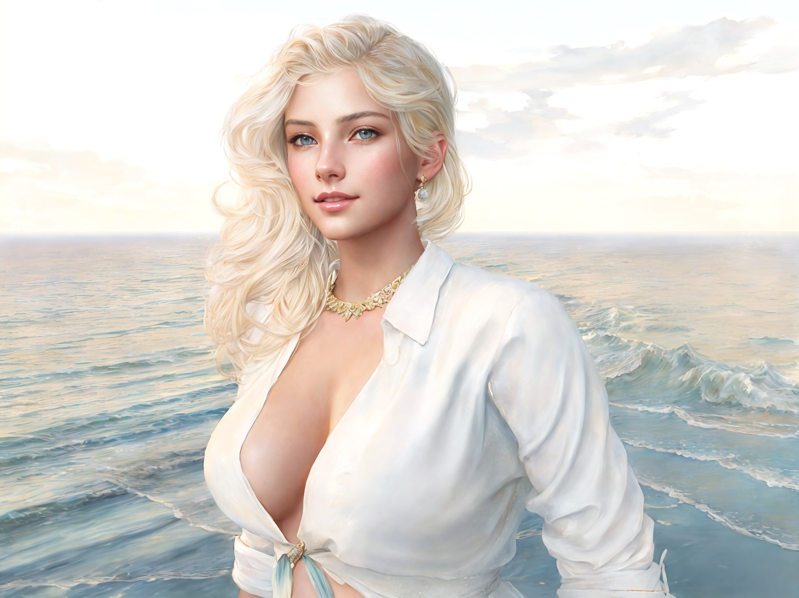 Young woman by the ocean with blonde hair and charm necklace