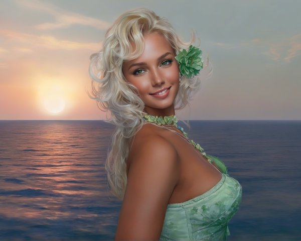 Woman with Blonde Hair in Green Dress by Ocean Sunset