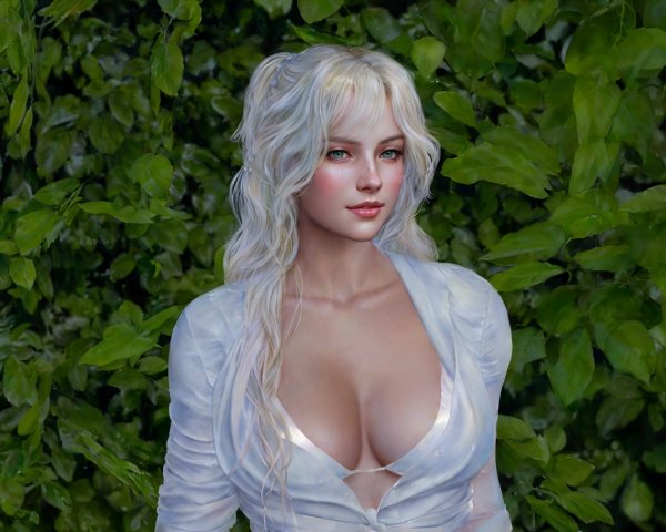 Young woman in white blouse amid green foliage