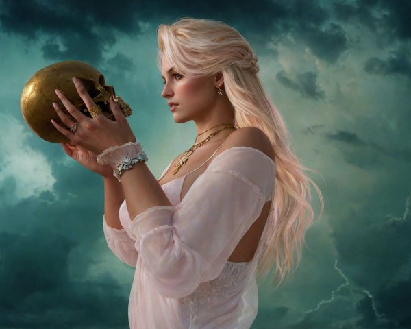 Woman with Golden Skull in Dramatic Cloudy Setting