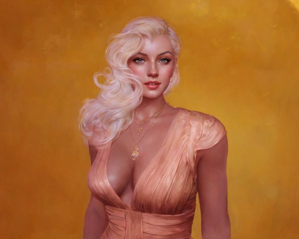 Elegant Woman in Peach Dress with Wavy Blonde Hair
