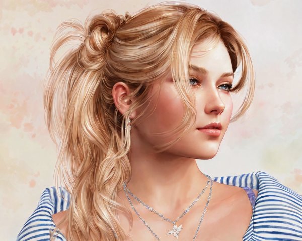 Young Woman with Blonde Hair in Striped Top