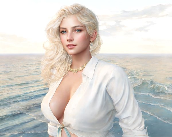 Young woman by the ocean with blonde hair and charm necklace