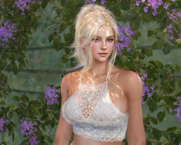 Young woman in lacy top among greenery and flowers