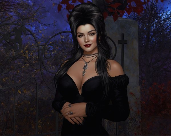 Woman in Gothic Setting with Elegant Black Dress