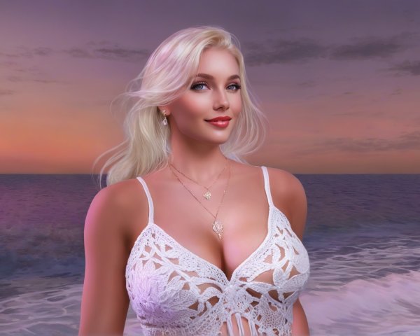 Serene Beach Sunset with Woman in Lace Top