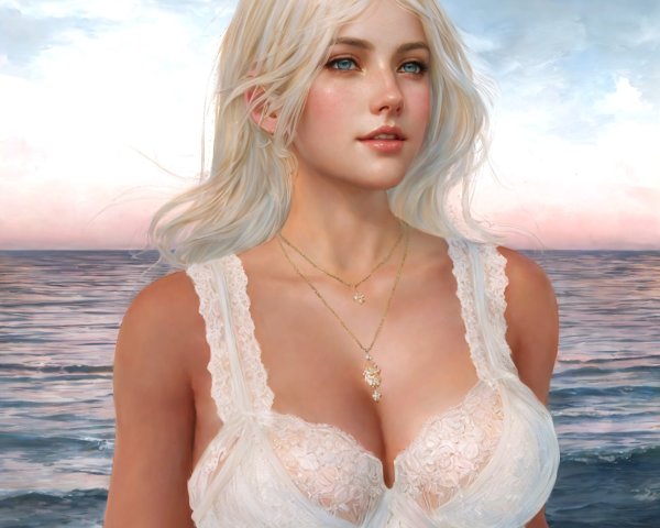 Young Woman in Lace Top Against Ocean Sunset