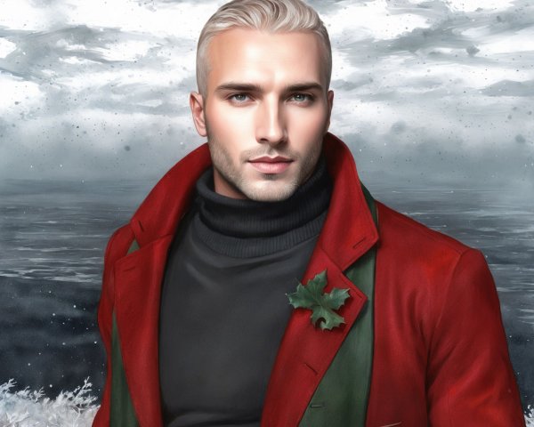 Blonde Man in Red Coat by Snowy Lake in Forest