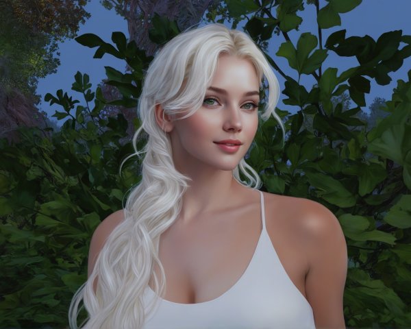 Young woman with blonde hair in lush green setting