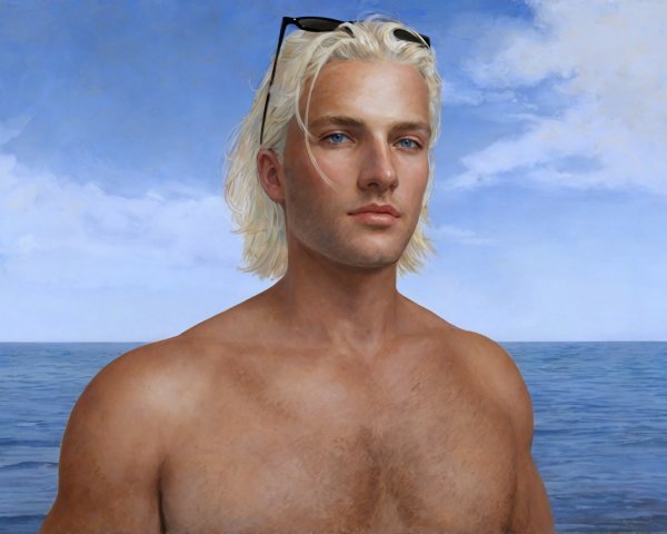Young man at ocean's edge with striking features