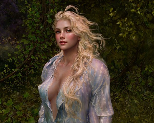 Young woman with blonde hair in serene nature setting