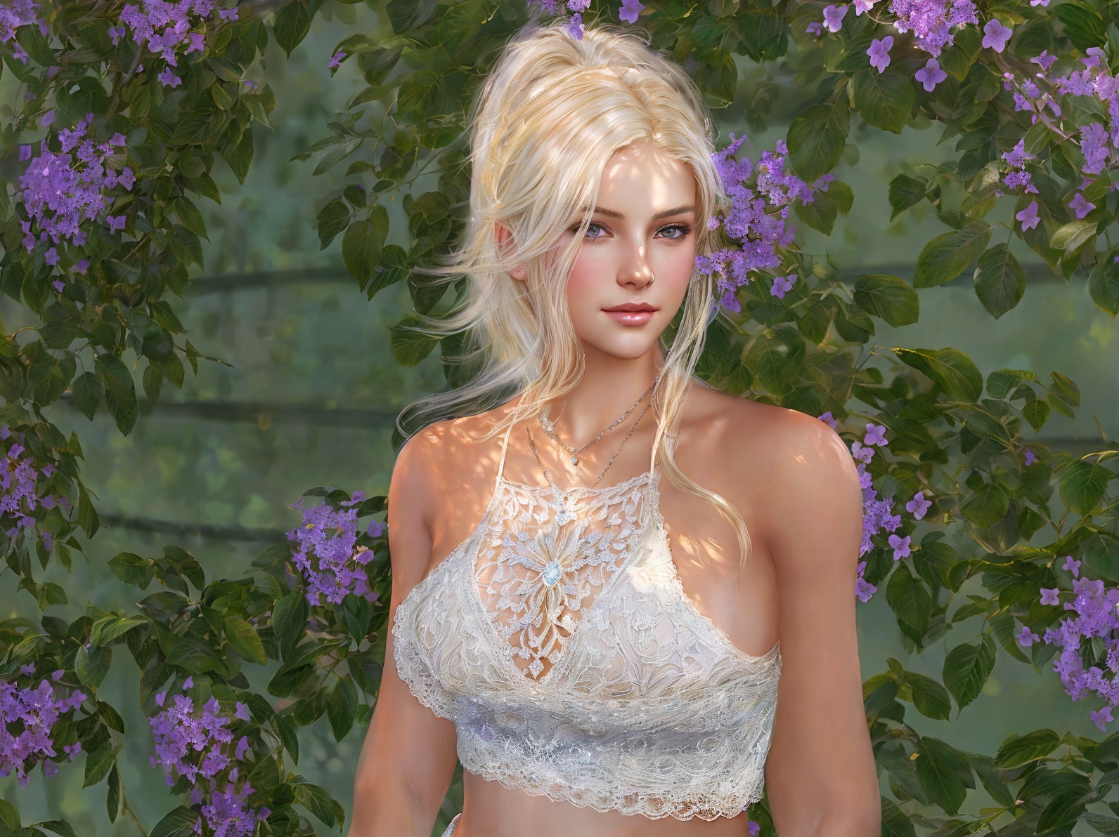 Young woman in lacy top among greenery and flowers