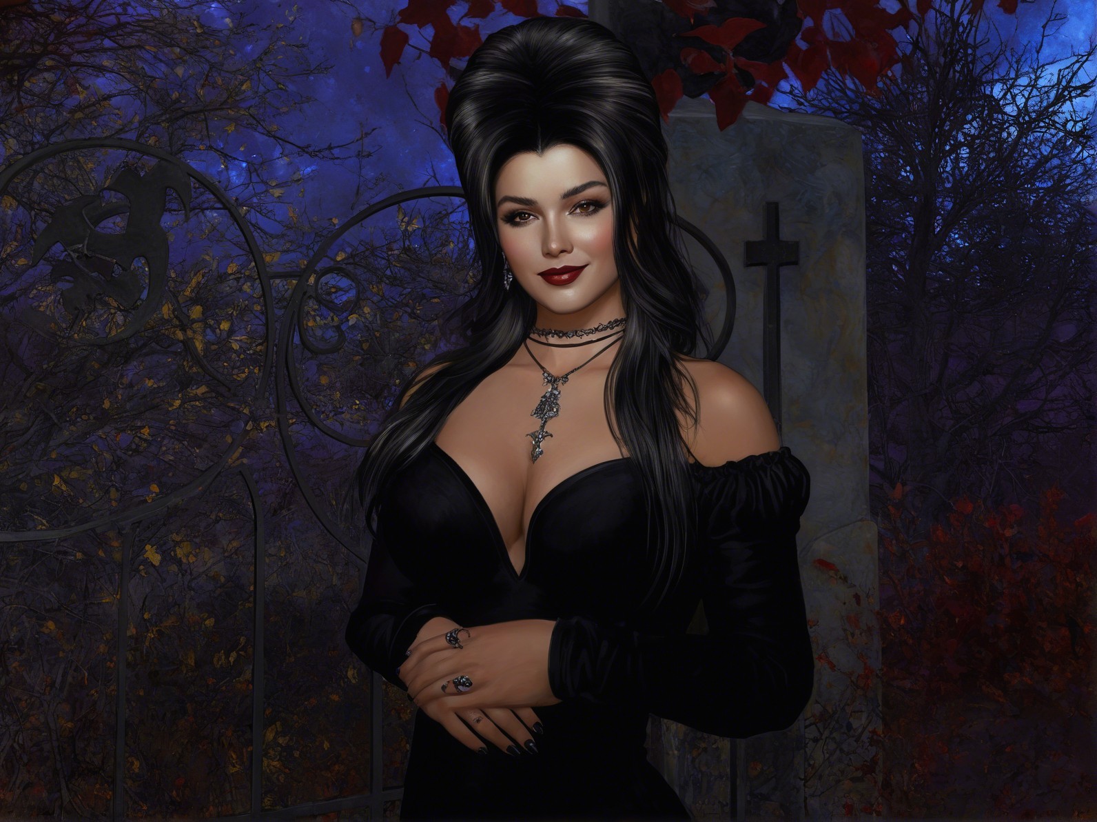 Woman in Gothic Setting with Elegant Black Dress