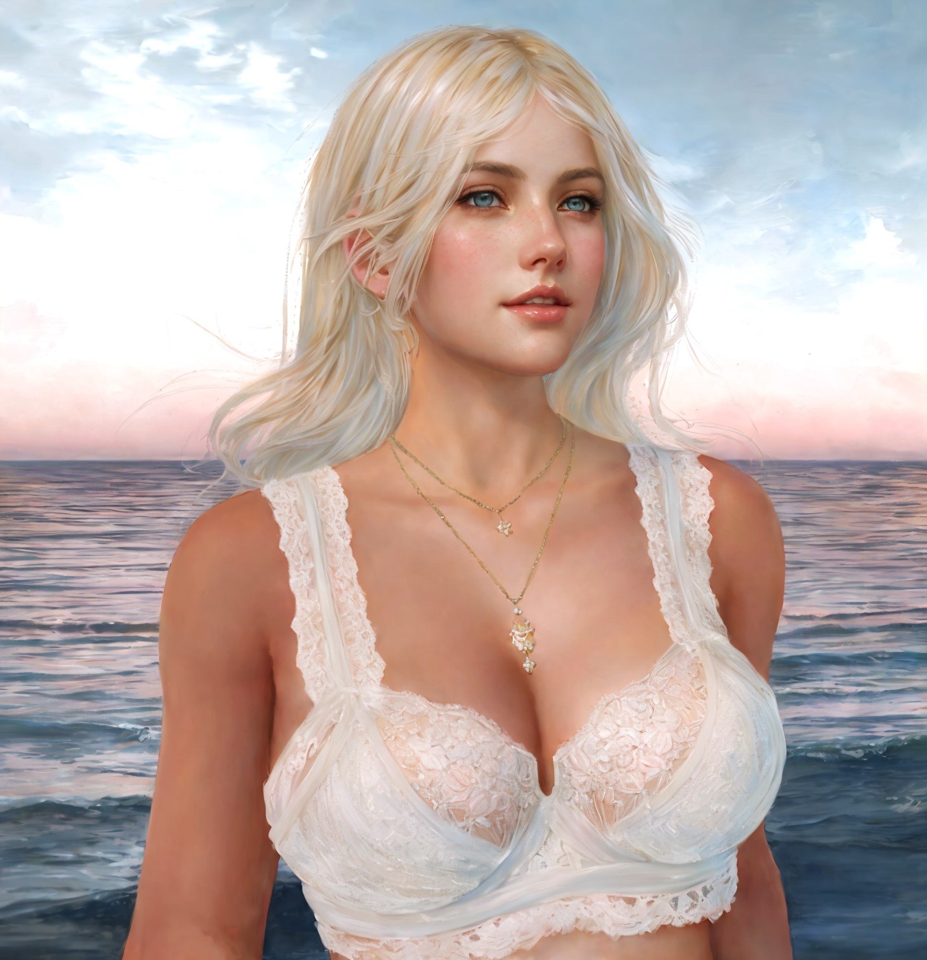 Young Woman in Lace Top Against Ocean Sunset