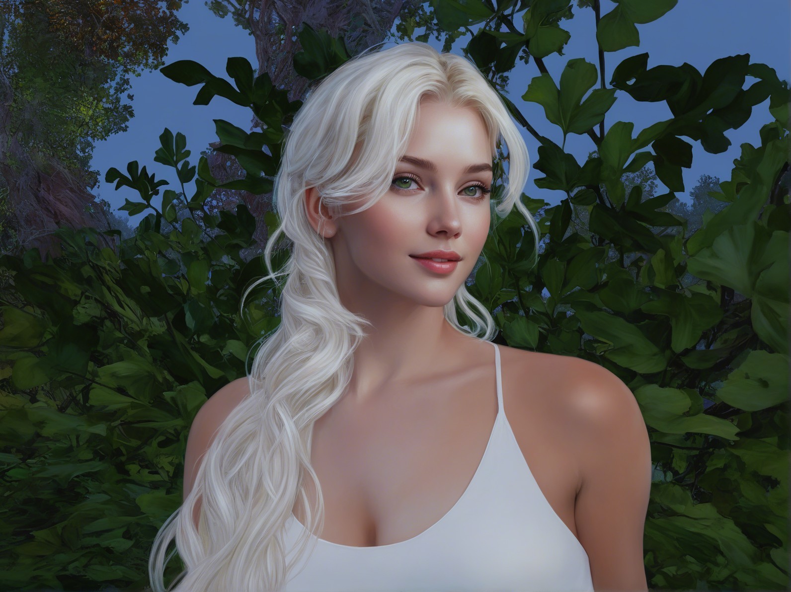 Young woman with blonde hair in lush green setting