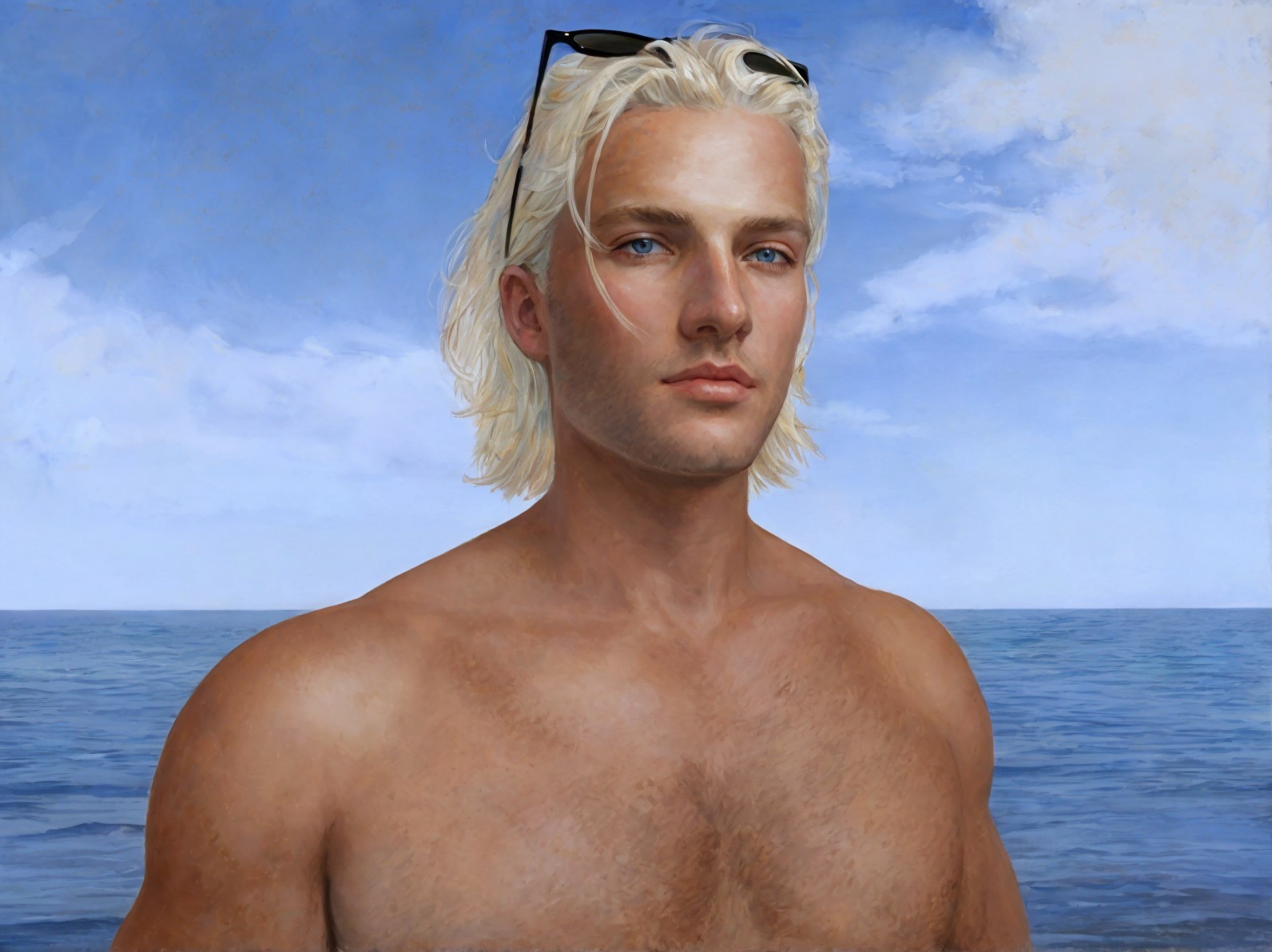 Young man at ocean's edge with striking features