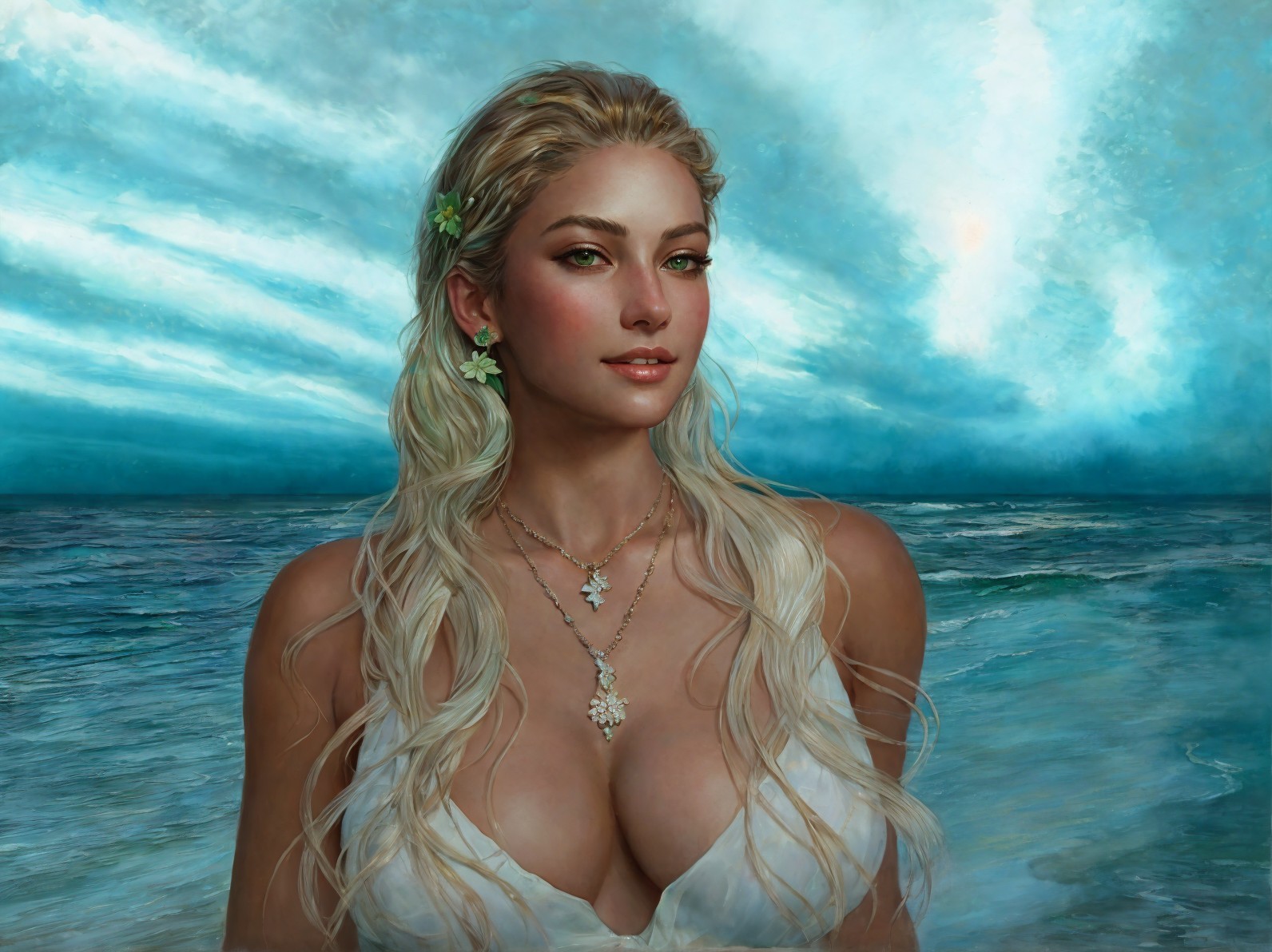 Portrait of a woman with blonde hair by the ocean