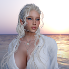 Young Woman in Sheer White Garment by Ocean Sunset