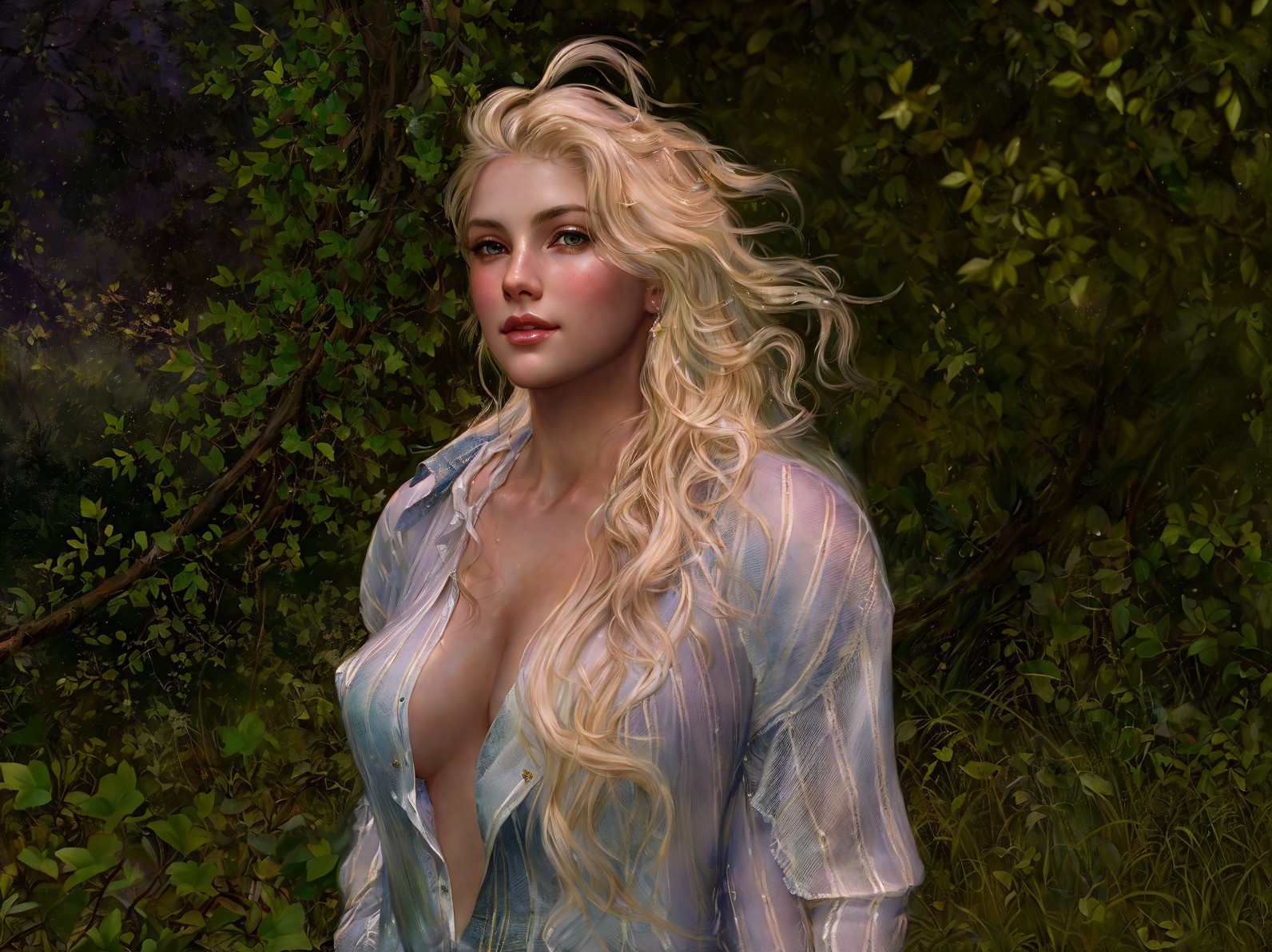 Young woman with blonde hair in serene nature setting