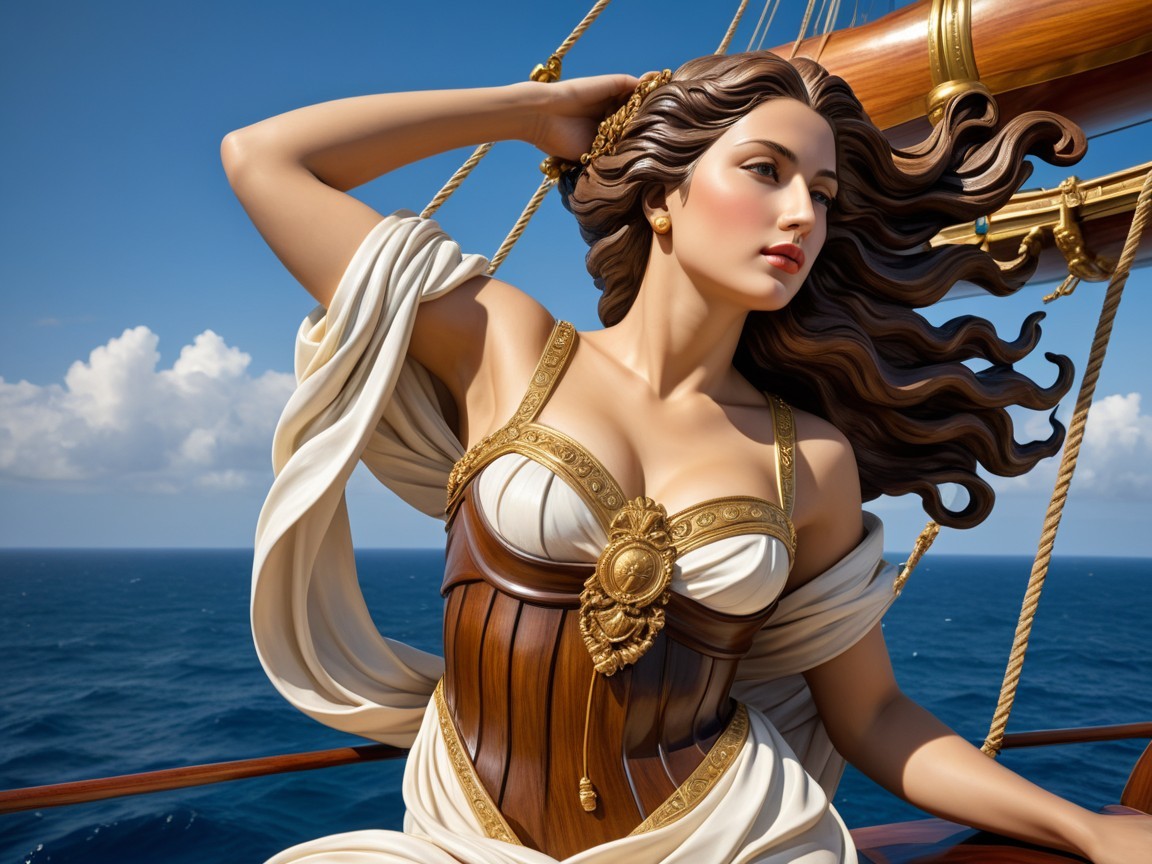 Regal woman on ship with ocean backdrop and sunlight